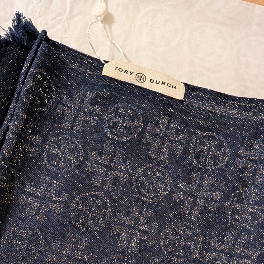 Tory Burch Navy Traveler Oblong Scarf with Silver Logo Pattern (NWT)